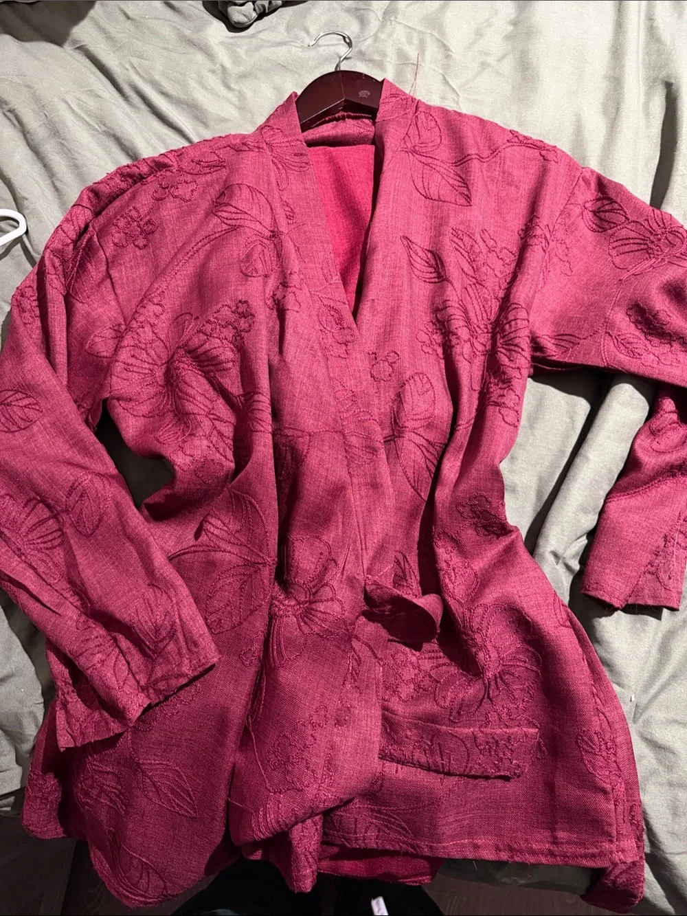 Women's Floral Textured Kimono Robe with matching pants - burgundy
